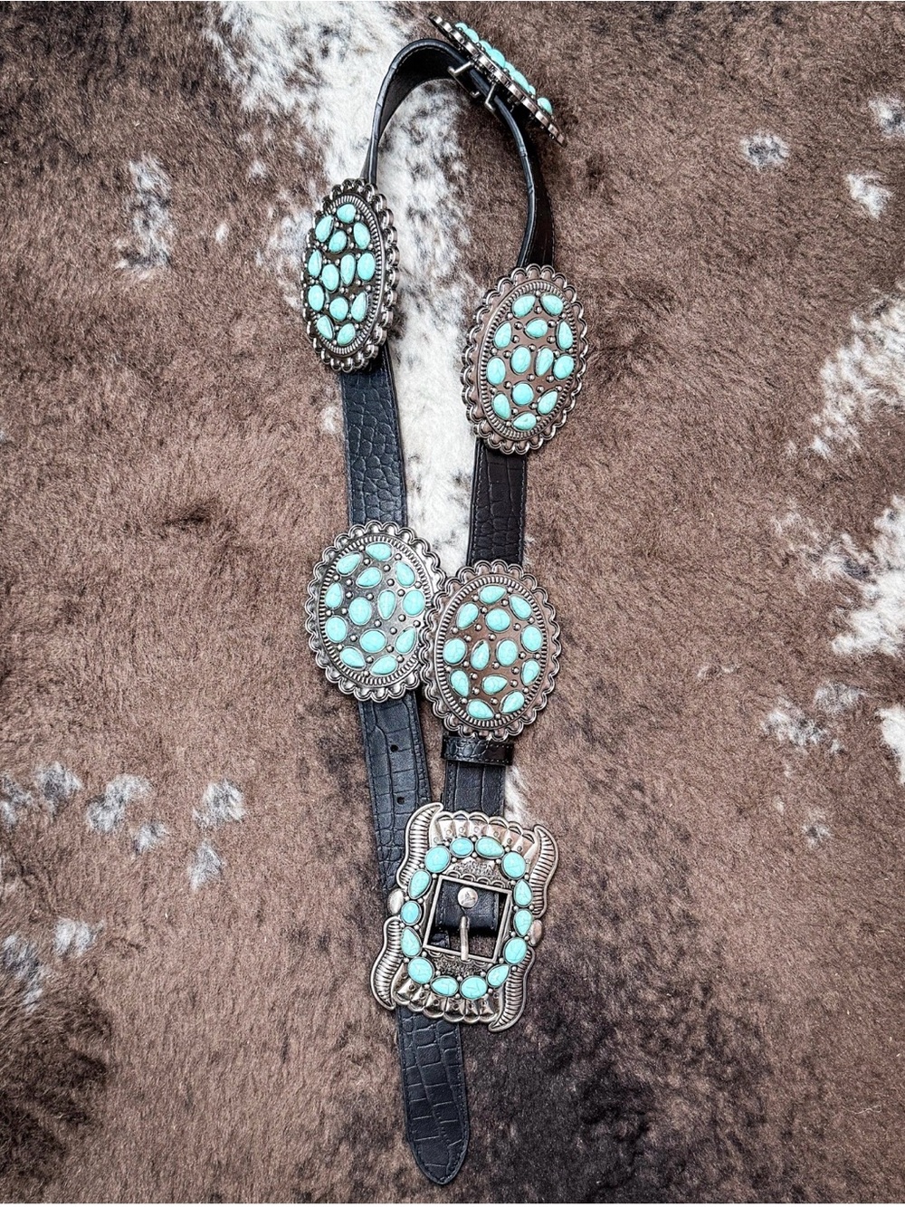 NWT LUCKY AND BLESSED RAVENSTONE  TURQUOISE CONCHO BELT IN BLACK SZ M